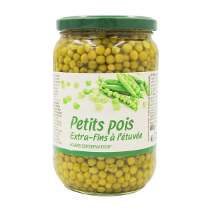 Petits pois extra fins à l'étuvée bocal 445g pne  BARQUETTE FILMEE X 12