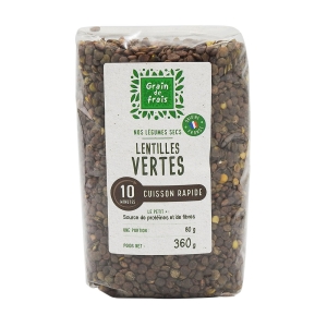 Lentilles vertes précuites pqt 360g Grain de Frais  CARTON DE 10 SACHETS 